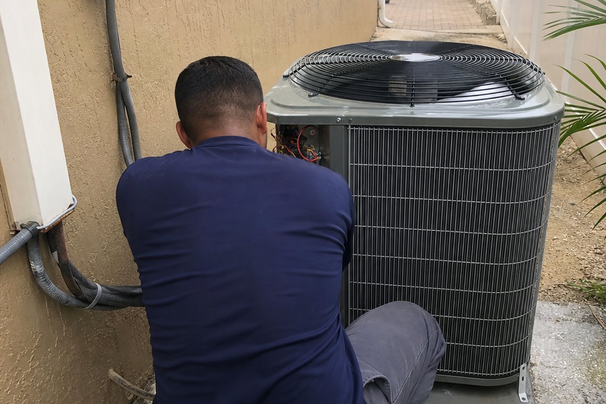 AC technician checking an outdoor condenser in Doral